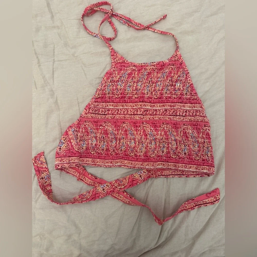 Billabong Pink Patterned Crop Top Open Back - Picture 3 of 5